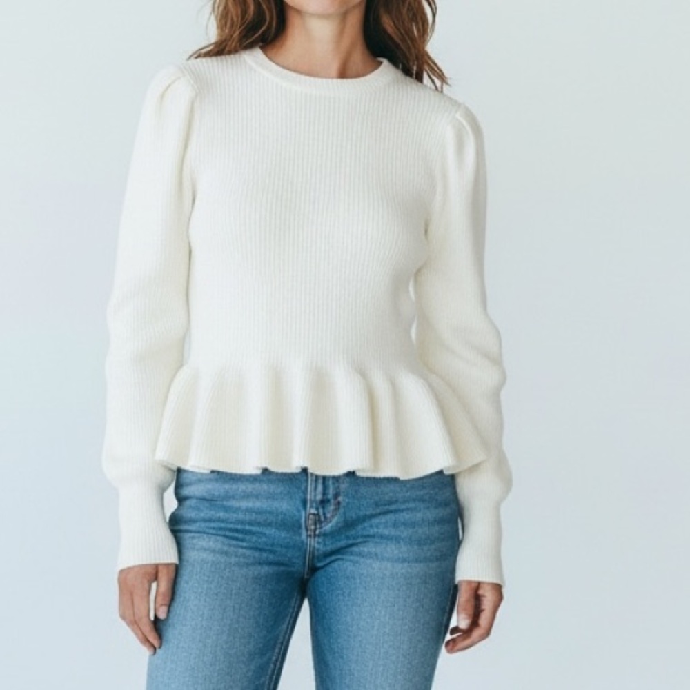 NEW Lilou Ivory Peplum Long Sleeve Crew Neck Sweater Top Women’s Small Boutique